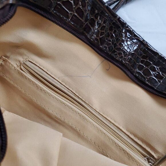 Brown Studded Faux Croc Tote Purse Gold Chain Handles Glam Satchel 13x11 - Picture 7 of 8